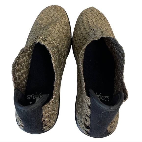 CORKYS Metallic Gold/Bronze & Black Woven Stretch Hot Heels Ankle Booties 8 - Picture 5 of 14